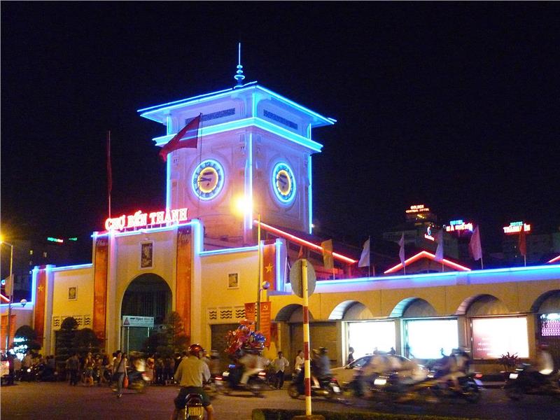 Southern gate of Ben Thanh market in colourful lights